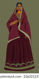 Illustration of a full-length Indian girl in a traditional dress on a green background. An emotional serious Indian woman in a festive costume. Wedding