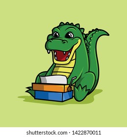 illustration of fun alligator/crocodile baby playing with type machine. 