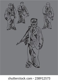 Illustration of fun armed security men in doodle style on grey