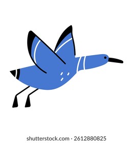 An illustration of a fun blue folk style flying bird. Abstract pigeon.