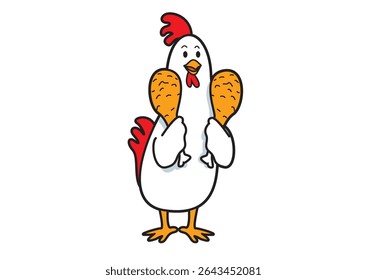 Illustration of a fun cartoon chicken character proudly holding two chicken drumsticks, exuding joy and culinary delight