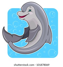 Illustration of fun cartoon dolphin in the sea.