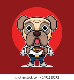 Illustration fun character super pug mascot logo with cartoon style. vector