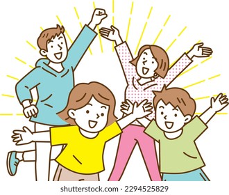 Illustration of a fun family of four jumping cheerfully