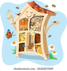 Illustration of a fun and happy insect hotel with butterflies and beetles