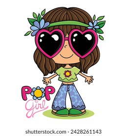 Illustration of a fun hippie pop girl with heart-shaped glasses, with the lettering pop girl. Print des