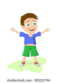 illustration of a fun little boy with open arms on a white background
