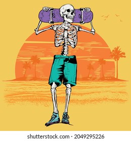 Illustration of a fun loving vacation going skull, enjoying his holiday on a beach during the sunset holding his skate board.