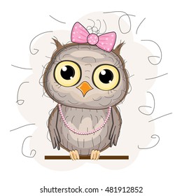 Illustration of the fun owl with bow and beads .