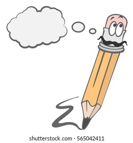 Illustration fun pencil with eraser and with a mustache who thinks