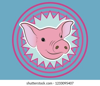 Illustration of a fun pink pig muzzle with big ears and a patch on a colorful background with circles and a star. For decoration and decoration. For advertising and window dressing.