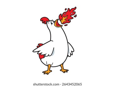 Illustration of a fun and quirky cartoon chicken character dramatically breathing fire, adding a playful and humorous twist
