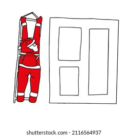 An Illustration of fun Santa in a red hat, mittens and a suit on a rope-ladder by the window isolated on a white background for Christmas decoration