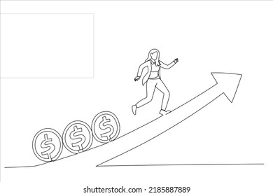 Illustration of fund manager holding flag lead money coins running up rising graph. Stock market growth or fund flow. One line art style
