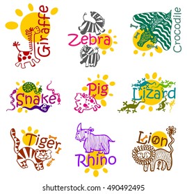 illustration of funny African animals, Zebra, giraffe, Rhino, crocodile, lion, tiger, pig, lizard, snake, crocodile