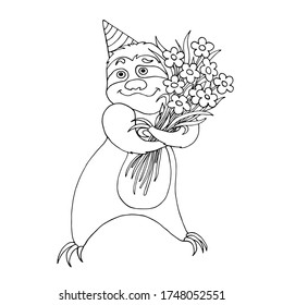  Illustration of a funny animal with a bouquet of flowers. Vector. funny sloth on a white background. Greeting card. Children`s coloring with funny character.