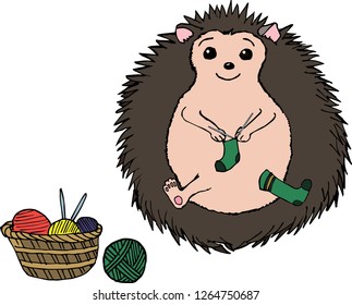 Illustration of a funny animal doing handicrafts: a hedgehog knits a sock. Can be used for children's books or shops.