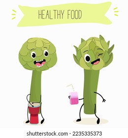 Illustration with funny artichoke character. Funny and healthy food. Vitamins contained in the artichoke. Food with a cute face. Vector cartoon.
