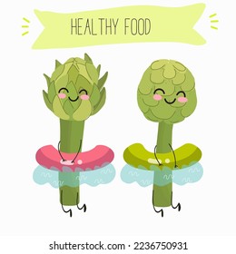 Illustration with funny artichoke character. Funny and healthy food. Vitamins contained in the artichoke. Food with a cute face. Vector cartoon.