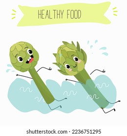 Illustration with funny artichoke character. Funny and healthy food. Vitamins contained in the artichoke. Food with a cute face. Vector cartoon.