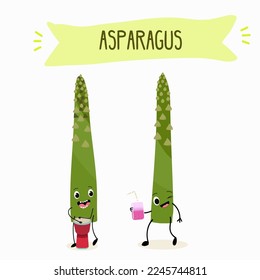Illustration with funny asparagus characters. Funny and healthy food. Vitamins, cute face food, ingredients, vegetarianism, vector cartoon, antioxidant.
