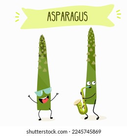 Illustration with funny asparagus characters. Funny and healthy food. Vitamins, cute face food, ingredients, vegetarianism, vector cartoon, antioxidant.