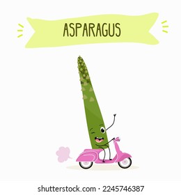 Illustration with funny asparagus characters. Funny and healthy food. Vitamins, cute face food, ingredients, vegetarianism, vector cartoon, antioxidant.