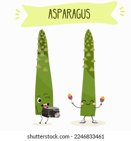 Illustration with funny asparagus characters. Funny and healthy food. Vitamins, cute face food, ingredients, vegetarianism, vector cartoon, antioxidant.