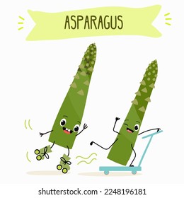 Illustration with funny asparagus characters. Funny and healthy food. Vitamins, cute face food, ingredients, vegetarianism, vector cartoon, antioxidant.