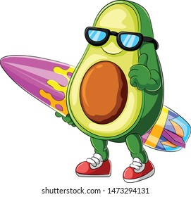 illustration of funny avocado cartoon surfing