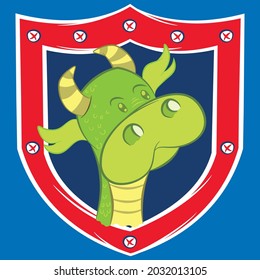 illustration of funny baby dragon on marine shield with red