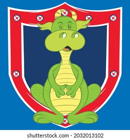 illustration of funny baby dragon sitting on marine shield with red