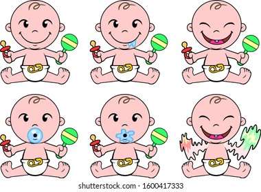 Illustration of a funny baby playing with a rattle and his drool