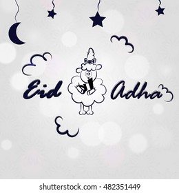 Illustration of funny baby Sheep, star, month for Muslim Community. Festival of Sacrifice Celebration. Vector.