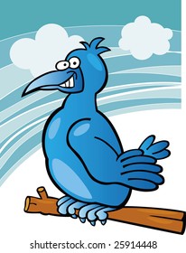 Illustration of funny blue bird on branch