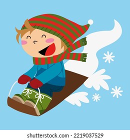 Illustration of a funny boy sliding with her sledge