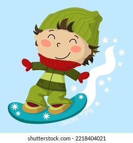 Illustration of a funny boy sliding with his snowboard