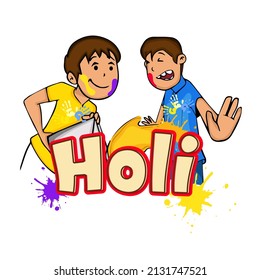 Illustration Of Funny Boys Playing Colors On White Background For Holi Celebration Concept.