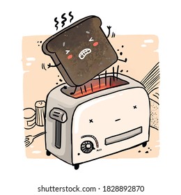 Illustration Of A Funny Burnt Toast Flying Out Of A Toaster