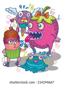 Illustration of funny cake and fruit