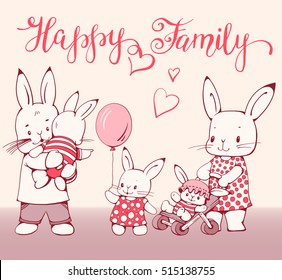 Illustration of funny cartoon Bunnies. Family - father, mother and children.  Vector 