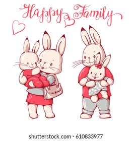 Illustration of funny cartoon Bunnies. Family - father, mother and children.  Hand-drawn illustration. Vector 