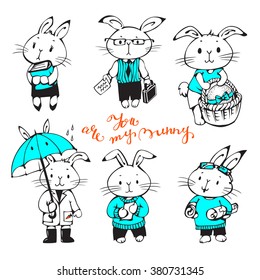 Illustration of funny cartoon Bunnies. Hand-drawn drawing. Vector set. 
