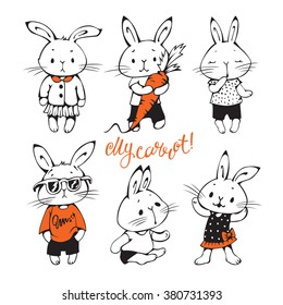 Illustration of funny cartoon Bunnies. Hand-drawn drawing.  Vector set. 