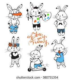 Illustration of funny cartoon Bunnies. Vector set. 