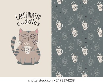 Illustration with funny cartoon cat with coffee and seamless pattern with mug of coffee. Vector graphic for apparel t-shirt print, textile