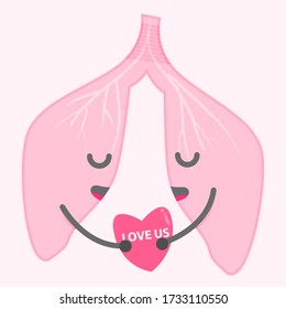 illustration of a funny cartoon character of the lungs lungs holding love. love us. the concept of no tobacco