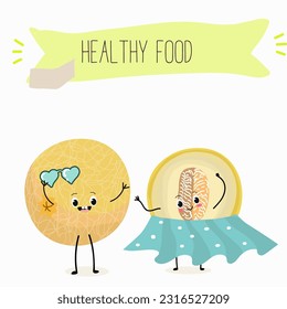 Illustration with funny cartoon characters berry, fruit, cheerful melon.   Funny and healthy food. Vitamins, cute face food, ingredients, vegetarian, vector cartoon, agriculture, raw, ripe.