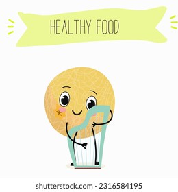 Illustration with funny cartoon characters berry, fruit, cheerful melon.   Funny and healthy food. Vitamins, cute face food, ingredients, vegetarian, vector cartoon, agriculture, raw, ripe.