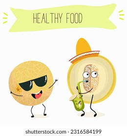 Illustration with funny cartoon characters berry, fruit, cheerful melon.   Funny and healthy food. Vitamins, cute face food, ingredients, vegetarian, vector cartoon, agriculture, raw, ripe.